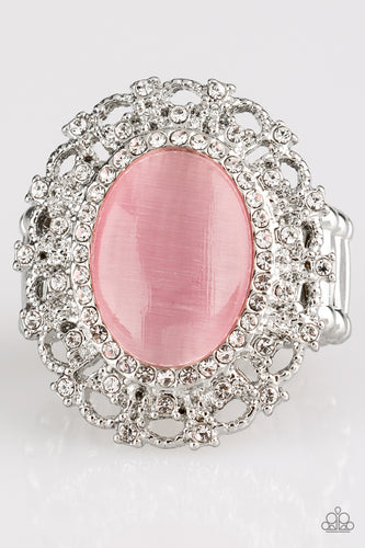 Encrusted in dainty white rhinestones, a frilly silver frame spins around a glowing pink moonstone center for a regal look. Features a stretchy band for a flexible fit.