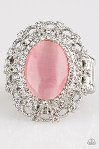 Encrusted in dainty white rhinestones, a frilly silver frame spins around a glowing pink moonstone center for a regal look. Features a stretchy band for a flexible fit.