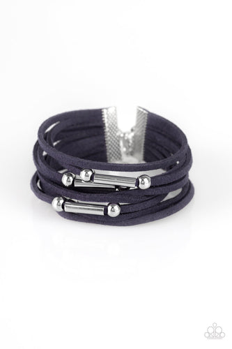 Dainty silver beads and shiny silver accents slide along rows of refreshing blue suede for a seasonal look. Features an adjustable clasp closure.  Sold as one individual bracelet.