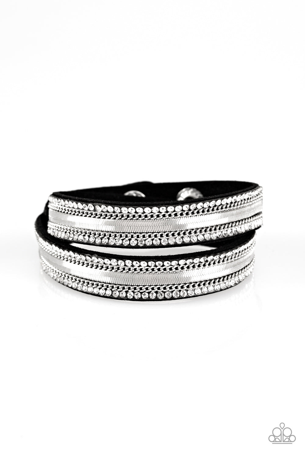 Rows of classic silver chain, flat silver chain, and dainty white rhinestones are encrusted along a black suede band for a sassy look. The elongated band allows for a trendy double wrap design. Features an adjustable snap closure.