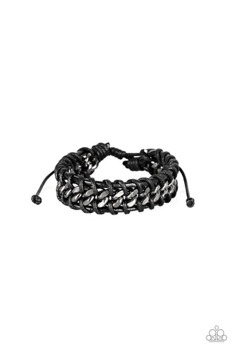 Shiny black cording knots around a bold gunmetal chain for an edgy look. Features an adjustable sliding knot closure.
