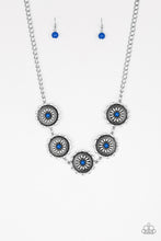 Load image into Gallery viewer, Infused with bright blue beaded centers, ornate floral stamped frames link below the collar for a colorfully, seasonal look. Features an adjustable clasp closure.
