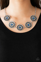 Load image into Gallery viewer, Infused with bright blue beaded centers, ornate floral stamped frames link below the collar for a colorfully, seasonal look. Features an adjustable clasp closure.
