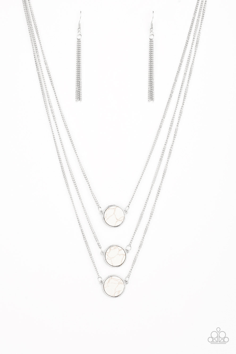 Three flat white stones are pressed into sleek silver frames and layered below the collar for a chic finish. Features an adjustable clasp closure.