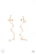 Load image into Gallery viewer, Dotted with dainty white rhinestones, zigzagging gold bars delicately climb the ear, creating a sparkly constellation. Earring attaches to a standard post fitting. Features a dainty cuff attached to the top for a secure fit.  Sold as one pair of ear crawlers.  New Kit New Kit
