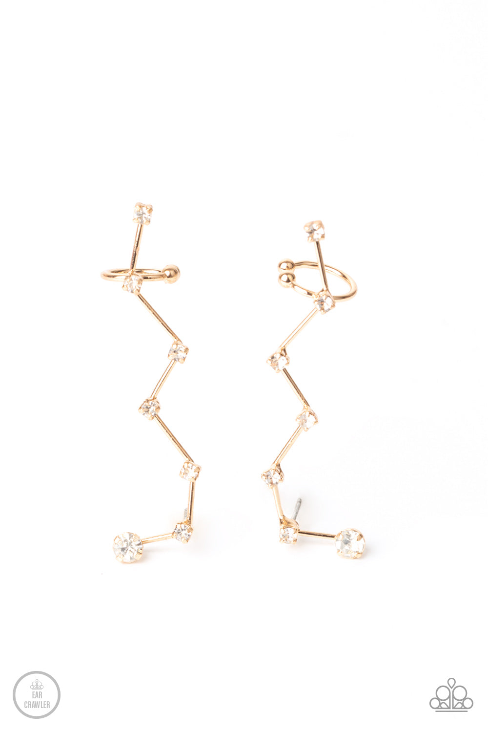 Dotted with dainty white rhinestones, zigzagging gold bars delicately climb the ear, creating a sparkly constellation. Earring attaches to a standard post fitting. Features a dainty cuff attached to the top for a secure fit.  Sold as one pair of ear crawlers.  New Kit New Kit