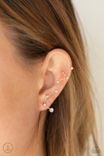 Load image into Gallery viewer, Dotted with dainty white rhinestones, zigzagging gold bars delicately climb the ear, creating a sparkly constellation. Earring attaches to a standard post fitting. Features a dainty cuff attached to the top for a secure fit.  Sold as one pair of ear crawlers.  New Kit New Kit
