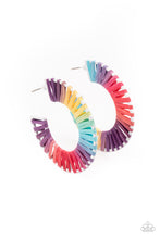 Load image into Gallery viewer, Multicolored wicker-like cording is wrapped around a white hoop, creating a vivacious pop of color. Earring attaches to a standard post fitting. Hoop measures approximately 1 3/4&quot; in diameter.  Sold as one pair of hoop earrings.
