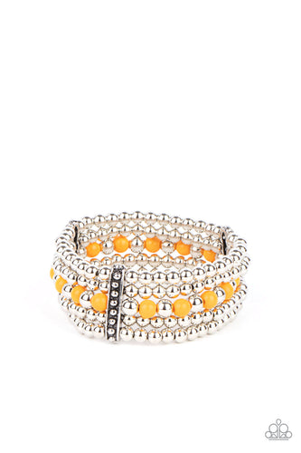 Held together by studded silver frames, rows of silver and Marigold beads are threaded along stretchy bands around the wrist, creating vivacious layers.  Sold as one individual bracelet.