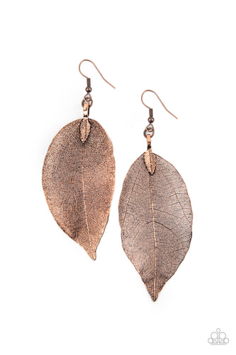 Featuring lifelike details, a delicate copper frame branches out into a majestic leaf for a seasonal finish. Earring attaches to a standard fishhook fitting.  Sold as one pair of earrings.