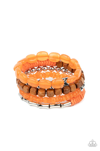 An earthy collection of wooden cubes, glassy orange acrylic ovals, wavy orange accents, tranquil orange pebble-like accents, classic silver beads and silver chevron frames are threaded along a long wire to create a whimsical infinity wrap bracelet around the wrist.  Sold as one individual bracelet.  New Kit