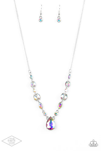 Featuring regal marquise style cuts, glittery iridescent rhinestones trickle along a shimmery silver chain below the collar. A dramatic teardrop rhinestone drips from the center, creating a breathtaking pendant. Features an adjustable clasp closure.  Sold as one individual necklace. Includes one pair of matching earrings.  New Kit FANFAVORITE