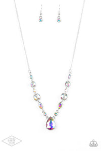Featuring regal marquise style cuts, glittery iridescent rhinestones trickle along a shimmery silver chain below the collar. A dramatic teardrop rhinestone drips from the center, creating a breathtaking pendant. Features an adjustable clasp closure.  Sold as one individual necklace. Includes one pair of matching earrings.  New Kit FANFAVORITE