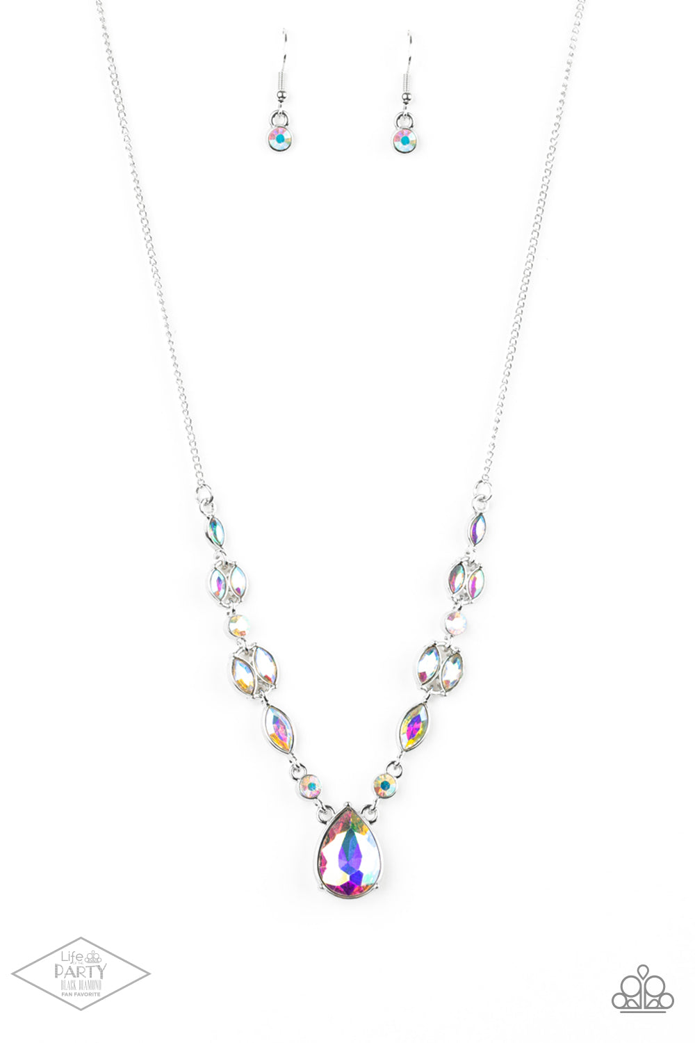 Featuring regal marquise style cuts, glittery iridescent rhinestones trickle along a shimmery silver chain below the collar. A dramatic teardrop rhinestone drips from the center, creating a breathtaking pendant. Features an adjustable clasp closure.  Sold as one individual necklace. Includes one pair of matching earrings.  New Kit FANFAVORITE