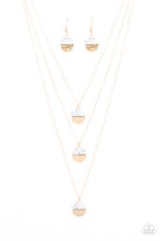 Load image into Gallery viewer, Featuring refreshing white stone accents, a trio of gold discs layer down the chest for a seasonal look. Features an adjustable clasp closure.  Sold as one individual necklace. Includes one pair of matching earrings.
