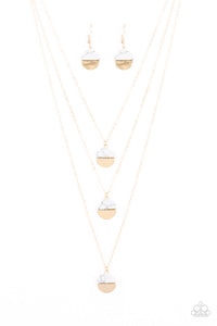 Featuring refreshing white stone accents, a trio of gold discs layer down the chest for a seasonal look. Features an adjustable clasp closure.  Sold as one individual necklace. Includes one pair of matching earrings.