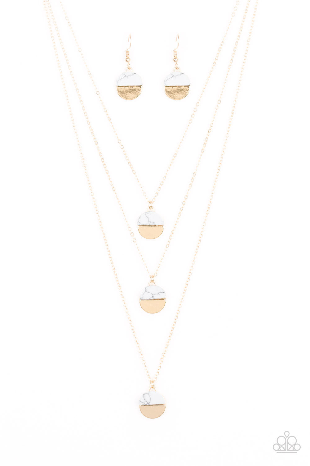 Featuring refreshing white stone accents, a trio of gold discs layer down the chest for a seasonal look. Features an adjustable clasp closure.  Sold as one individual necklace. Includes one pair of matching earrings.