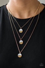 Load image into Gallery viewer, Featuring refreshing white stone accents, a trio of gold discs layer down the chest for a seasonal look. Features an adjustable clasp closure.  Sold as one individual necklace. Includes one pair of matching earrings.
