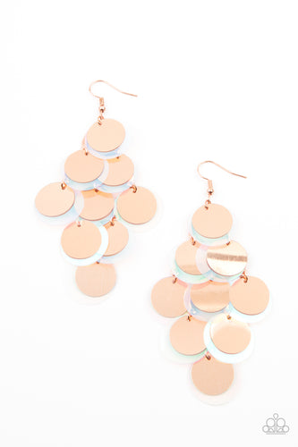 A bubbly collection of oversized shiny copper and iridescent sequins cascade from the ear, creating a flirty holographic fringe. Earring attaches to a standard fishhook fitting.