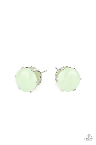 Dewy Green Ash faceted gem-like beads float atop a pronged silver fitting, creating an ethereal display. Earring attaches to a standard post fitting.  Sold as one pair of post earrings.