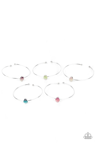 Featuring sparkly Easter egg centerpieces, the dainty silver cuff bracelets feature an ombre of rhinestones varying in shades of pink, green, blue, multicolored, and purple.