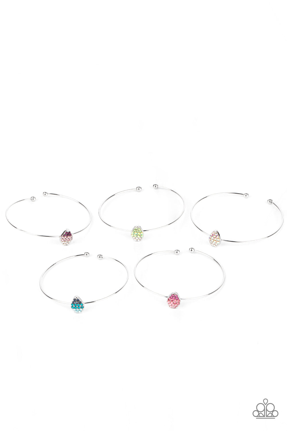 Featuring sparkly Easter egg centerpieces, the dainty silver cuff bracelets feature an ombre of rhinestones varying in shades of pink, green, blue, multicolored, and purple.