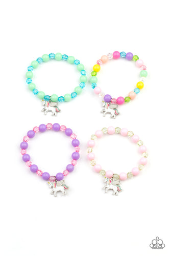 Infused with a colorful unicorn charm, the stretchy bracelets feature polished and crystal-like beads that vary in shades of Green Ash, Blue Tint, Illuminating, pink, purple, coral, white, and green