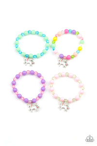 Infused with a colorful unicorn charm, the stretchy bracelets feature polished and crystal-like beads that vary in shades of Green Ash, Blue Tint, Illuminating, pink, purple, coral, white, and green