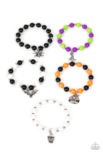 Accented with ghoulish charms - a witch's hat, a spider, a jack-o-lantern, a bat, and a skull - the stretchy beaded bracelets vary in patterns of white, black, orange, purple, and green.