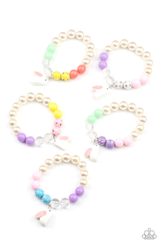 Featuring an assortment of pearls, acrylic beads, crystal-like beads and white rhinestone dotted beads, the Easter inspired stretchy beaded bracelets are topped off with a dainty white rabbit charm