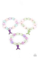 Load image into Gallery viewer, Infused with dainty green and purple mermaid tails, the stretchy bracelets feature pearly and polished beads that vary in shades of pink, purple, blue, green, and white.  Sold as a set of 5 for $5
