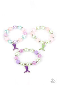 Infused with dainty green and purple mermaid tails, the stretchy bracelets feature pearly and polished beads that vary in shades of pink, purple, blue, green, and white.  Sold as a set of 5 for $5