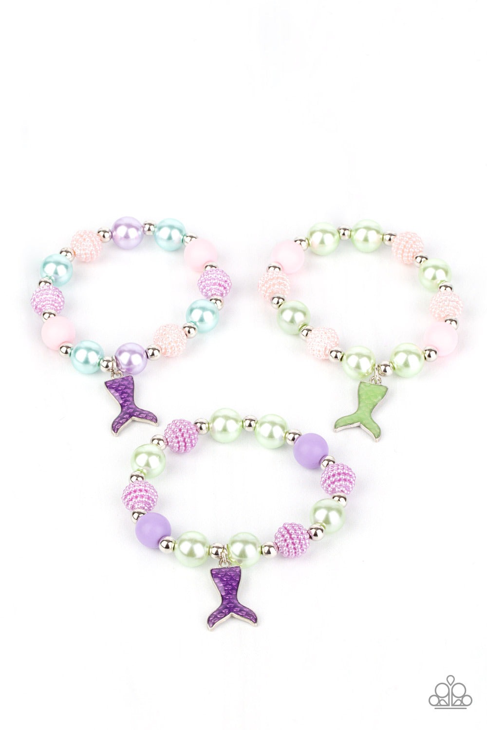 Infused with dainty green and purple mermaid tails, the stretchy bracelets feature pearly and polished beads that vary in shades of pink, purple, blue, green, and white.  Sold as a set of 5 for $5