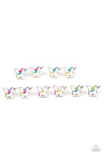 Load image into Gallery viewer, The multicolored winged unicorn frames vary in shades of white, pink, purple, yellow, green, and orange accents. Earrings attach to standard post fittings.
