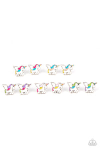 The multicolored winged unicorn frames vary in shades of white, pink, purple, yellow, green, and orange accents. Earrings attach to standard post fittings.