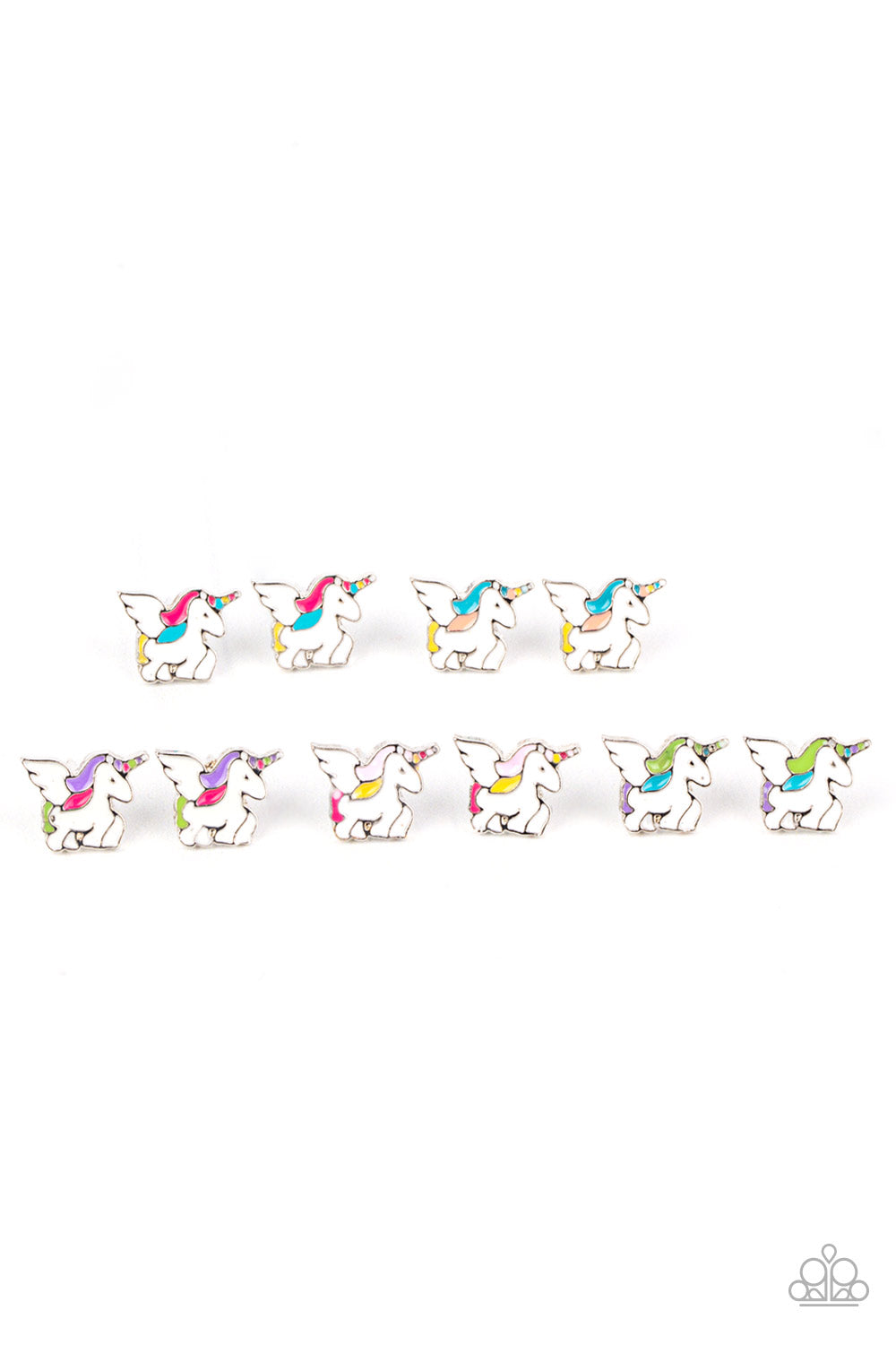 The multicolored winged unicorn frames vary in shades of white, pink, purple, yellow, green, and orange accents. Earrings attach to standard post fittings.