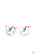 Load image into Gallery viewer, The multicolored winged unicorn frames vary in shades of white, pink, purple, yellow, green, and orange accents. Earrings attach to standard post fittings.
