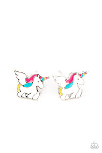 The multicolored winged unicorn frames vary in shades of white, pink, purple, yellow, green, and orange accents. Earrings attach to standard post fittings.