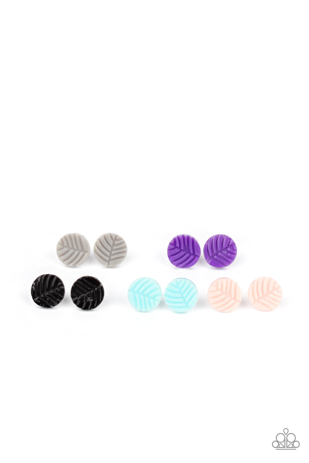 The palm leaf patterned frames vary in shades of gray, purple, black, blue, and pink. Earrings attach to standard post fittings. Sold as a set of 5 for $5