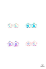 Load image into Gallery viewer, Featuring iridescent finishes, the colorful star frames vary in shades of purple, blue, pink, and multicolored. Earrings attach to standard post fittings.
