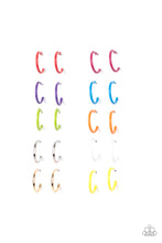 Load image into Gallery viewer, The dainty hoops vary in silver, gold, green, purple, red, pink, blue, orange, white, and yellow finishes. Earrings attach to standard post fittings. Sold as a pack of 10
