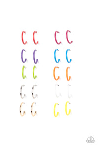 The dainty hoops vary in silver, gold, green, purple, red, pink, blue, orange, white, and yellow finishes. Earrings attach to standard post fittings. Sold as a pack of 10