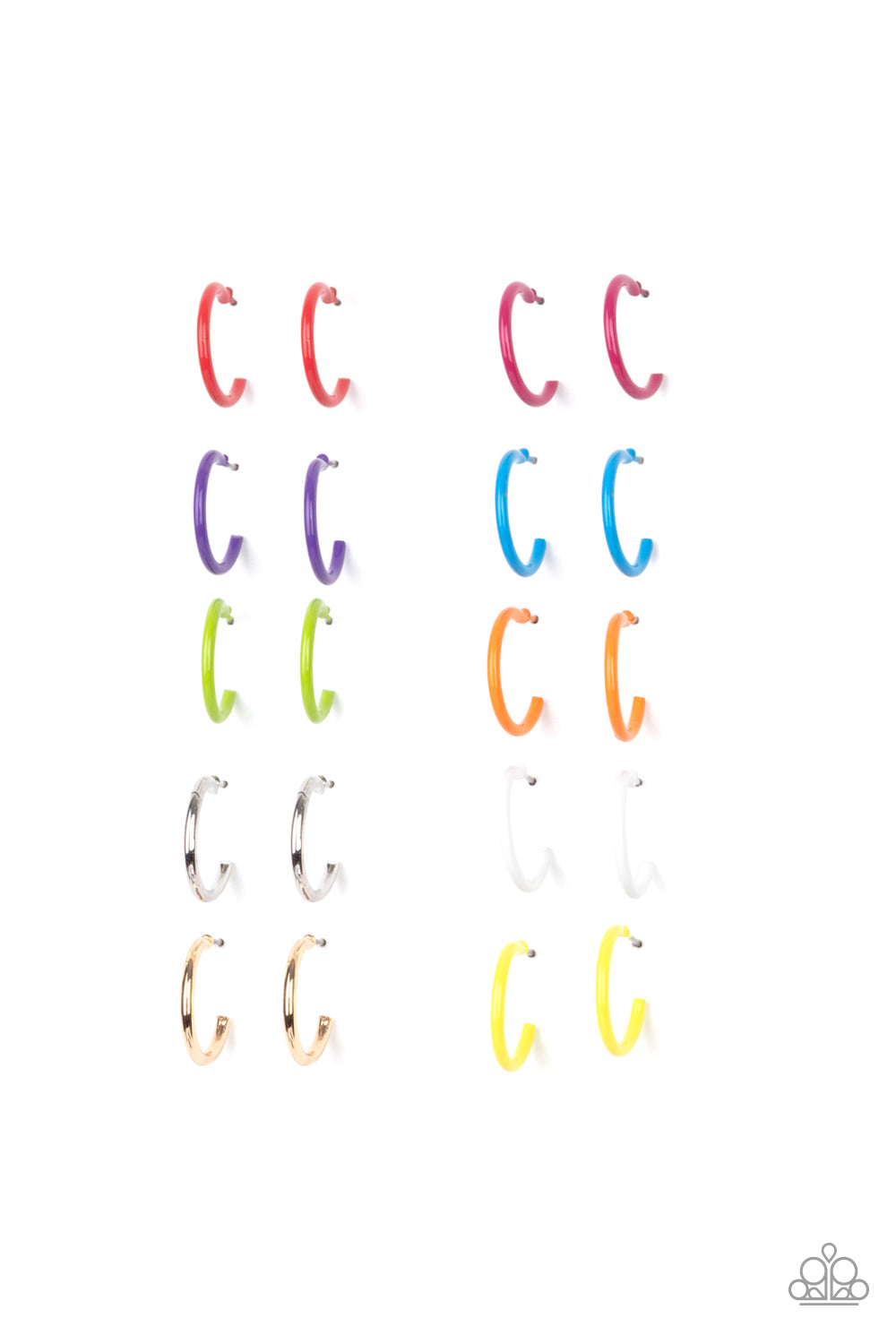 The dainty hoops vary in silver, gold, green, purple, red, pink, blue, orange, white, and yellow finishes. Earrings attach to standard post fittings. Sold as a pack of 10