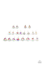 Load image into Gallery viewer, Featuring pronged silver fittings, the iridescent rhinestone centers vary in round, square, teardrop, triangular, oval, and marquise style cuts. Earrings attach to standard post fittings.
