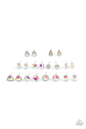 Featuring pronged silver fittings, the iridescent rhinestone centers vary in round, square, teardrop, triangular, oval, and marquise style cuts. Earrings attach to standard post fittings.