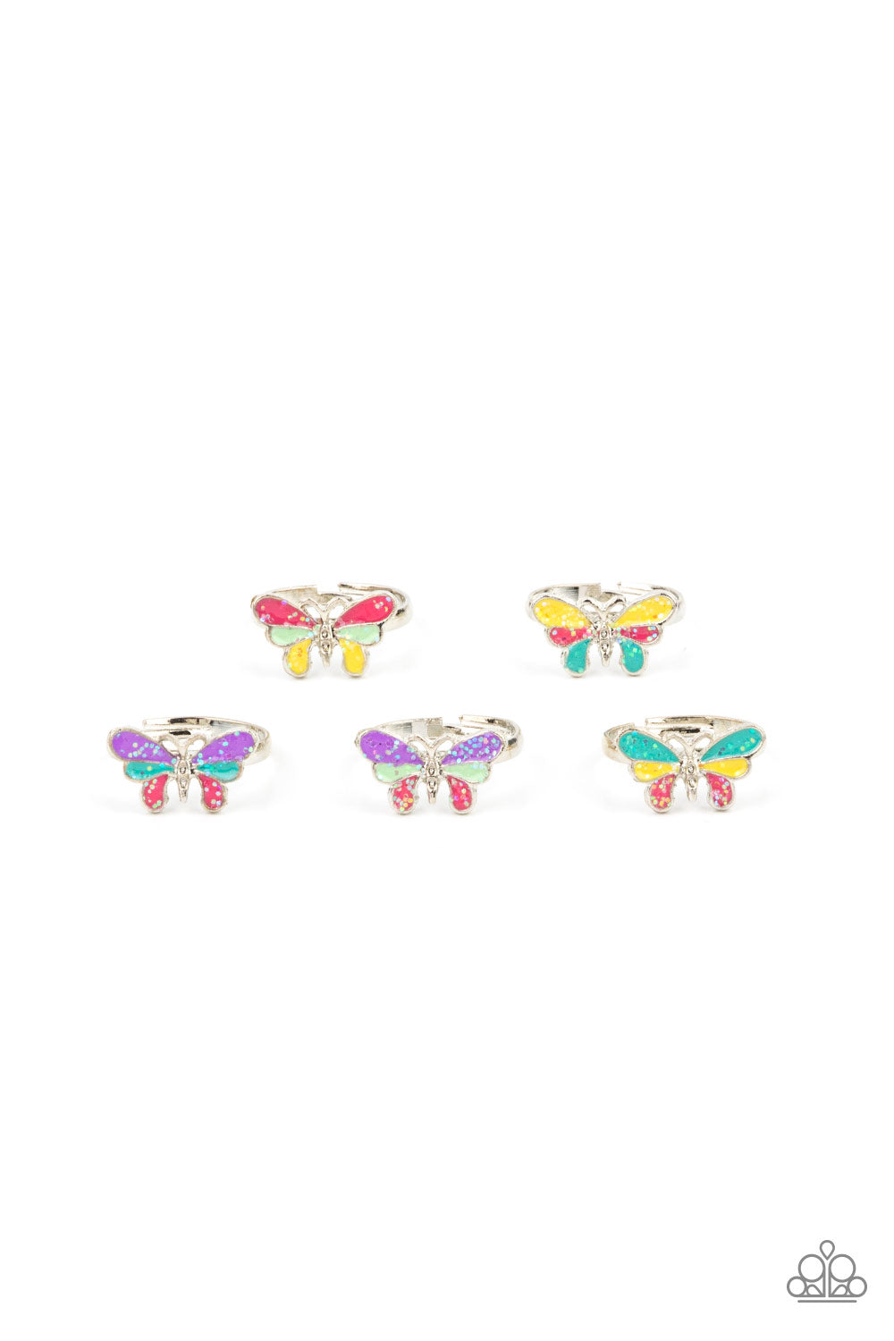 Brushed in sparkly finishes, the dainty butterfly wings vary in shades of purple, blue, pink, yellow, green, and blue.