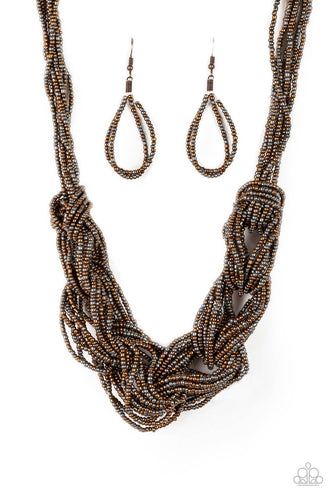 Brushed in a flashy finish, countless strands of copper and gunmetal seed beads weave into a bulky square braid below the collar for a glamorous look. Features an adjustable clasp closure.