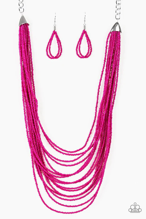 Infused with two bold silver fittings, row after row of pink seed beads layer across the chest for a seasonal fashion. Features an adjustable clasp closure. Sold as one individual necklace. Includes one pair of matching earrings.