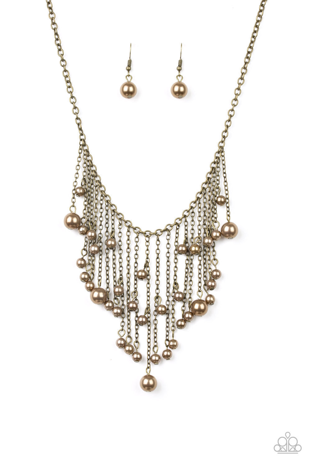 Varying in length, glistening brass chains swing from the bottom of a bold brass chain. Pearly brass beads trickle down the chains, creating a fierce fringe below the collar. Features an adjustable clasp closure. 
