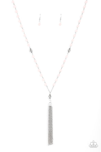 Pink opaque crystal-like beads, shiny silver beads, and white rhinestone encrusted rings give way to a shimmery silver tassel for a whimsical look. Features an adjustable clasp closure.